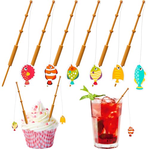 DIELOVEHUA Sommer Tortendeko, 6 Stück Angeln Cake Topper, Mini Fischruten Dekoration, Cocktail Party Zubehör, für Hawaii Party Bar Getränke Sommer Kuchen Deko von DIELOVEHUA