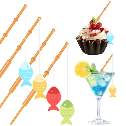 DIELOVEHUA Sommer Tortendeko, 8 Stück Angeln Cake Topper, Mini Fischruten Dekoration, Cocktail Party Zubehör, für Hawaii Party Bar Getränke Sommer Kuchen Deko von DIELOVEHUA