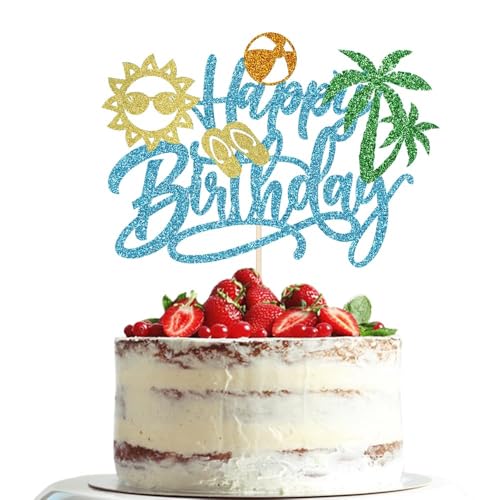 DIELOVEHUA Sommer Tortendeko, Pool Strand Cake Topper, Glitzer Ball Sonne Sommer Pool Kuchen Deko, Happy Birthday Tortendeko, für Tropisch Hawaii Strand Sommer Party Dekoration von DIELOVEHUA