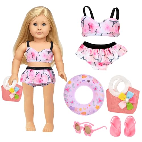 Puppenkleidung Sommer, Schwimm-Set für Puppen, Badeanzug für Puppen, mit Badeanzug Sonnenbrille Flip-Flops Handtasche Schwimmring, Badeanzug Puppe für 35-45 cm Schwimmpuppe von DIELOVEHUA