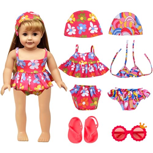 Puppenkleidung Sommer, Schwimm-Set für Puppen, Badeanzug für Puppen, mit Badeanzug Sonnenbrille Flip-Flops Hut, Badeanzug Puppe für 35-45 cm Schwimmpuppe von DIELOVEHUA