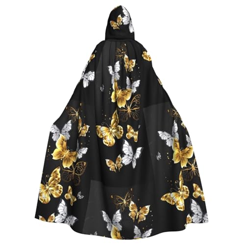 DIEzig Umhang mit Kapuze, goldfarben, weiße Schmetterlinge, schwarzer Druck, für Karneval, Party, Halloween, ideal für Cosplay-Bühnenveranstaltungen von DIEzig