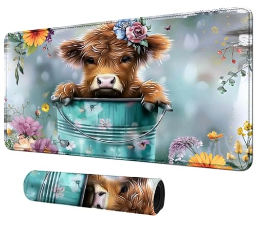 DIGTIALL Baby-Highland Cow Flower Themenkarte Spielmatte 59,9 x 35,1 cm für MTG & TCG Playmat Mauspad Spielmatte Sammelkartenspiel Tischmatte perfekt für Kartenspiele Videospiele Computer Büro von DIGTIALL