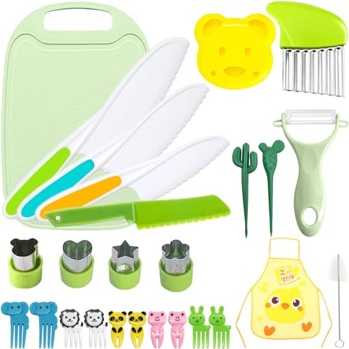 26 Stück Kindermesser, Kinder Küchenmesser Set ab 2 jahre, zum Schneiden und Kochen von Obst oder Gemüse für Kleinkinder, Montessori Messer mit Schneidebrett, Tiere Obstgabeln, Kinderschürze von DIHRUUO