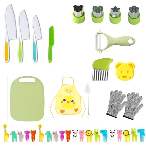 DIHRUUO 35 Stück Kindermesser ab 2 jahre, Kinder Küchenmesser Set, Kindersichere Messer zum Schneiden und Kochen von Obst oder Gemüse für Kleinkinder, mit Schneidebrett, Obstgabeln, Kinderschürze DIHRUUO 35 Stück Kindermesser ab 2 jahre, Kinder Küchenmesser Set, Kindersichere Messer zum Schneiden und Kochen von Obst oder Gemüse für Kleinkinder, mit Schneidebrett, Obstgabeln, Kinderschürze von DIHRUUO