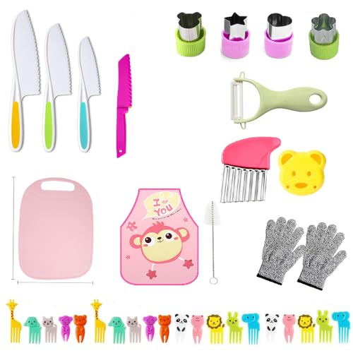 DIHRUUO 35 Stück Kindermesser ab 2 jahre, Kinder Küchenmesser Set, Kindersichere Messer zum Schneiden und Kochen von Obst oder Gemüse für Kleinkinder, mit Schneidebrett, Obstgabeln, Kinderschürze-Rosa DIHRUUO 35 Stück Kindermesser ab 2 jahre, Kinder Küchenmesser Set, Kindersichere Messer zum Schneiden und Kochen von Obst oder Gemüse für Kleinkinder, mit Schneidebrett, Obstgabeln, Kinderschürze-Rosa von DIHRUUO