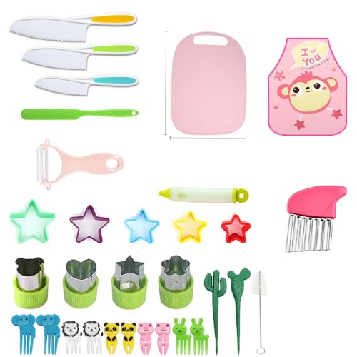 DIHRUUO Kindermesser 31 Stück, Kinder Küchenmesser Set ab 2 jahre, zum Schneiden und Kochen von Obst oder Gemüse für Kleinkinder, Montessori Messer mit Schneidebrett, Tiere Obstgabeln, Kinderschürze von DIHRUUO