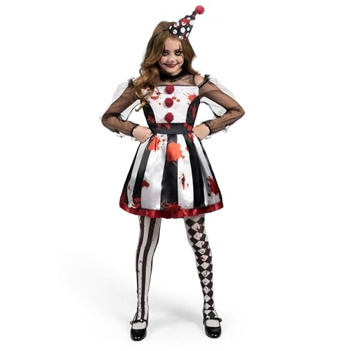 DIIQII Gruseliges Clown kostüm für Mädchen: Schwarz Weiß Clownkleid mit Stirnband und Leggings - Gruseliges Outfit für Mädchen Halloween Dress Up (Black White Clown, X-Large(12-14Y)) von DIIQII
