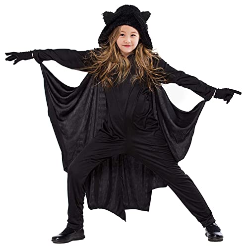 DIIQII Karneval Kinder Fledermaus Kostüm, Fledermaus-Cape mit Umhang und Handschuhe, Vampir Fasching Cosplay Skostüme Karnevalskostüme für 3-13 Mädchen Junge (M 116-130cm) von DIIQII
