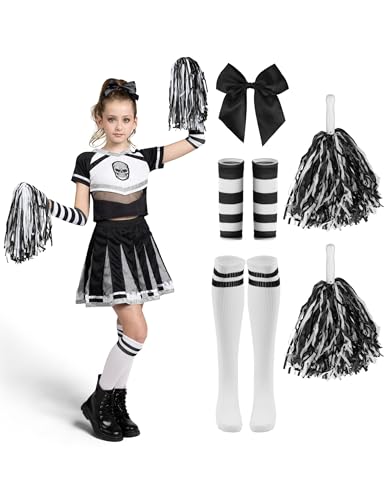 DIIQII Skelett Cheerleader Kostüm Mädchen: Halloween Gruseliger Cheerleader Outfit mit Pompons Socken - Horror Campus Cheerleader Uniform (Skeleton, Small (5-7Y)) von DIIQII