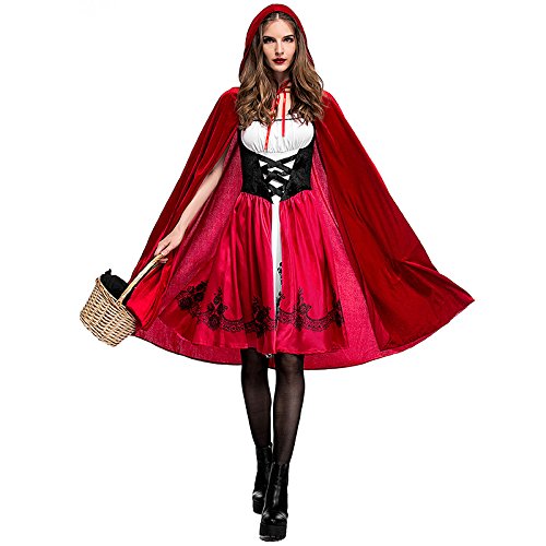 Damen Rotkäppchen Erwachsene Karneval Kostüm: Langes Kleid und Umhang mit Kapuze Performance Outfit Halloween Faschings Festlich Partykleid Märchen Cosplay Verkleidung Outfits Bekleidung (Rot, M) von DIIQII