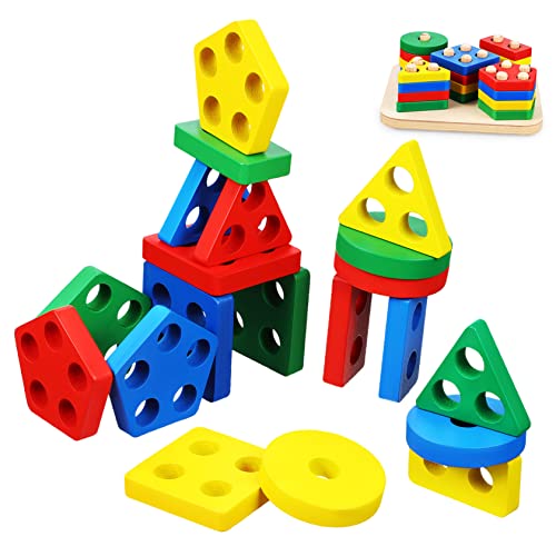 DIKACA 1Satz Geometrische Blöcke für Kleinkinder Montessori Stapel und Sortierspielzeug Pädagogisches Puzzle für Frühe Bildung Interaktives Holzspielzeug zur Kognitiver von DIKACA