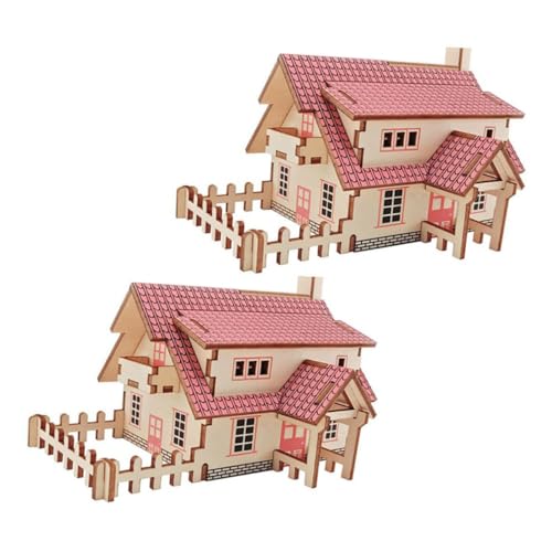 DIKACA Spielzeuge 2 Sätze Holzpuzzle Modelle Rätsel Spielzeug Montagehäuser Holz DIY- -Puzzle-Ornamente Modellbau Modell Handwerk 3D Hölzern Holzhaus Zubehör Rot Hausmodelle von DIKACA