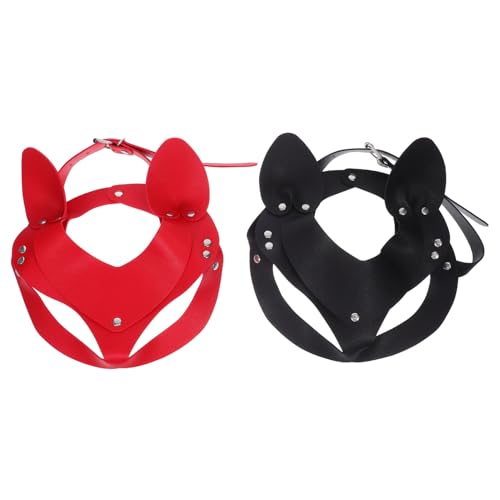 DIKACA 2 Stück Damen Halbgesichts Katzenmaske aus PU-Material Punkstil mit Ohr-design Langlebig und Einzigartig für Halloween Kostümparty Fasching in Schwarz und Rot von DIKACA