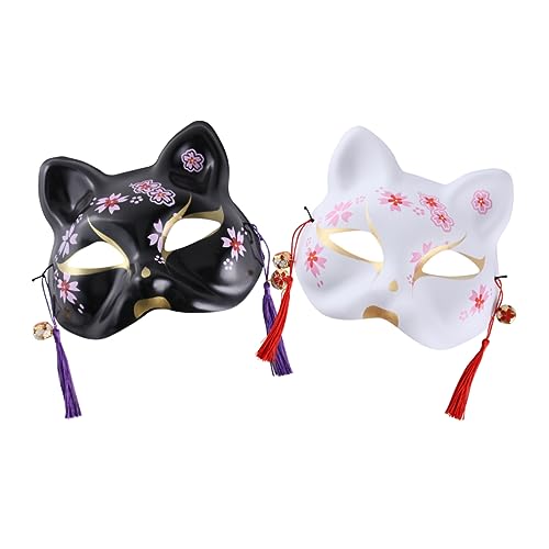 DIKACA 2 Stück Handgefertigte Japanische Katzenmasken Weiß und Schwarz mit Halloween Kostüm Zubehör Stilvolle Party Kopfbedeckung für Damen und Mädchen von DIKACA