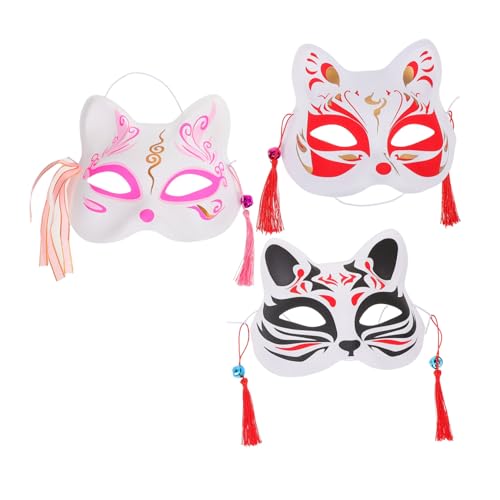 DIKACA 3 Stück Teiliges Handbemalte Japanische Fuchs Katzenmasken Halbe Gesichtsmaske für Cosplay und Party Leicht und Angenehm für Erwachsene und Geeignet für Halloween und Maskerade von DIKACA