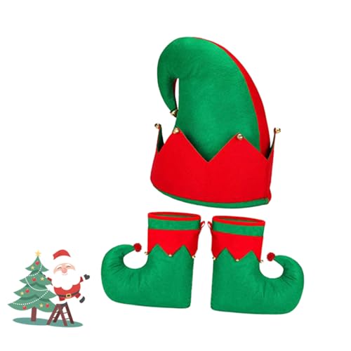 DIKACA 3 Stück Teiliges Weihnachts-elfenkostüm mit Roter Mütze und Grünen Schuhüberzügen Klassische Weihnachtsfarben Geeignet für Karneval Weihnachtsfeier und Festliche Ballkostüme von DIKACA