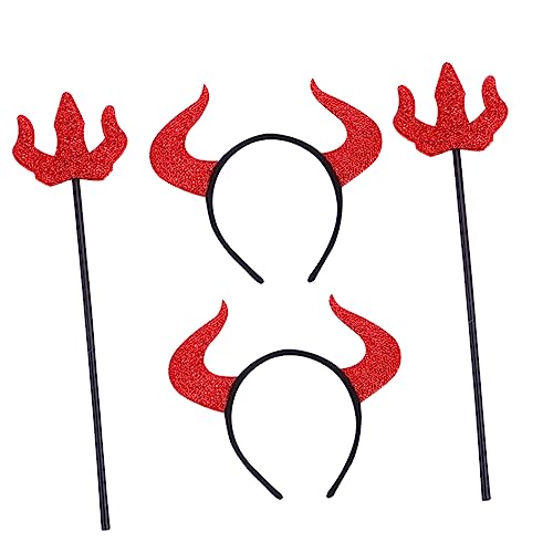 DIKACA 4 Stück Halloween Teufel Kostüm Set Teilig Rotes Hörner Stirnband und Teufelsdreizack Cosplay Zubehör Stabile und Stoffmaterialien Sicher und Langlebig für Karneval und Party von DIKACA