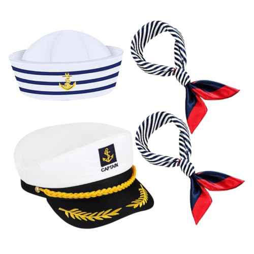 DIKACA 4 Stück Teiliges Yacht Captain Hat Set mit Verstellbaren und Matrosenhüten Seidenschals Nautische Kostüm Accessoires für Herren für Themenpartys Halloween und Theateraufführungen DIKACA 4 Stück Teiliges Yacht Captain Hat Set mit Verstellbaren und Matrosenhüten Seidenschals Nautische Kostüm Accessoires für Herren für Themenpartys Halloween und Theateraufführungen von DIKACA