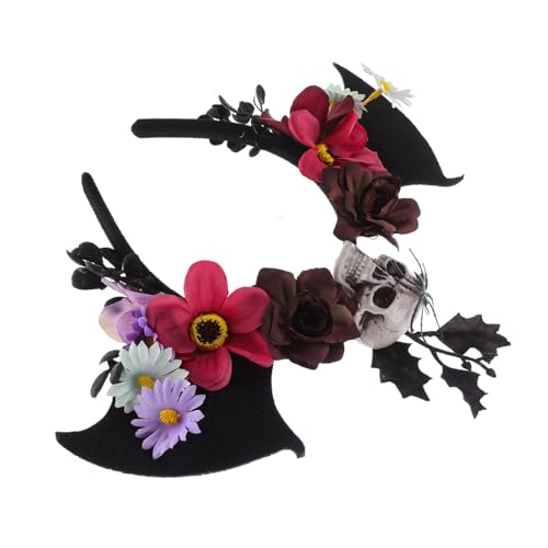 DIKACA Day Of The Dead Haarreif mit Mexikanischem Blumenkranz Totenschädel und Schwarzen Fledermausflügeln Verstellbares Halloween Cosplay Accessoire für Damen Leicht und Angenehm für von DIKACA