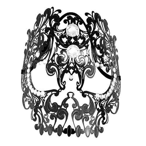 DIKACA Diamantbesetzte Halbgesichtsmaske aus Metall Skelett Design Verstellbarer Riemen Schwarze Masquerade Kostüm Maske für Halloween Karneval Fasching und Partys von DIKACA