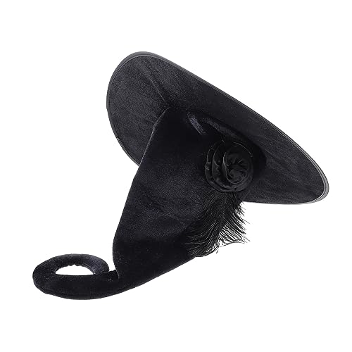 DIKACA Flanell Hexenhut Damen Halloween Witch Hat Cosplay Kostüm Accessoire Schwarz Gebogen mit Rosenblüte für Karneval Fasching Party von DIKACA