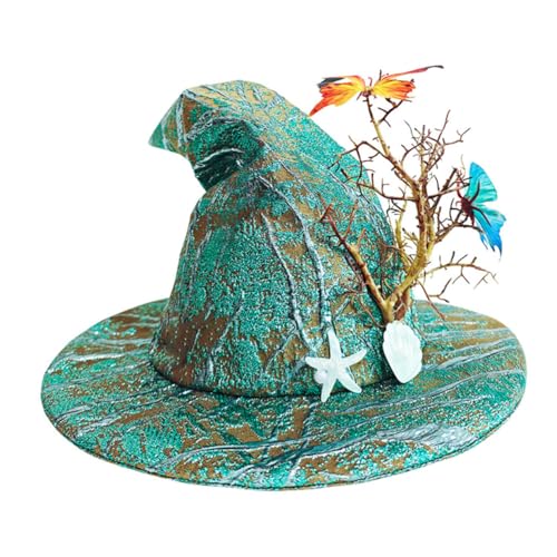DIKACA Grüner Halloween Hexenhut mit Schmetterlingsdesign Spitz Zulaufend für Damen Vielseitiges Cosplay-accessoire für Halloween Party-kostüme Geeignet für Innen Außenbereiche von DIKACA