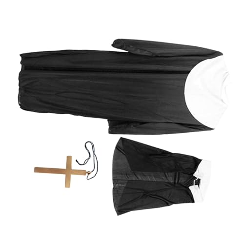 DIKACA Halloween Damen Nonnen Kostüm mit Robe Kopftuch und Großem Goldenem Kreuz Klassisches Teiliges Cosplay Kostüm für Halloween und Karneval und Einfach Anzuziehen von DIKACA