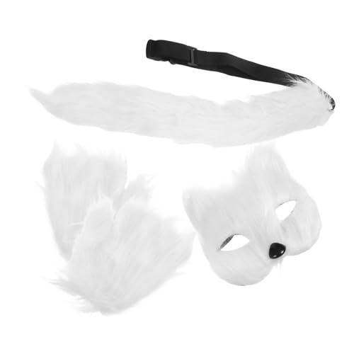 DIKACA Halloween Party Kostümset Weißes Fuchskostüm Plüsch Maske Handschuhe Set Weiches Stofftier Cosplay Zubehör für Erwachsene Karneval Maskerade von DIKACA
