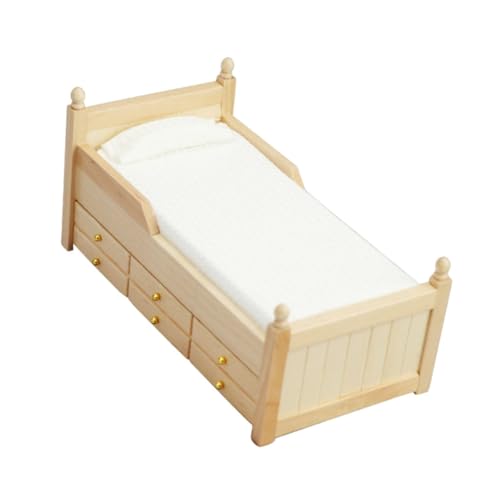 DIKACA Maßstabsgetreues Bett Aus Holz DIY Puppenhaus Zubehör Möbel Dekoration Für Schlafzimmer Szenen House Verzierung von DIKACA