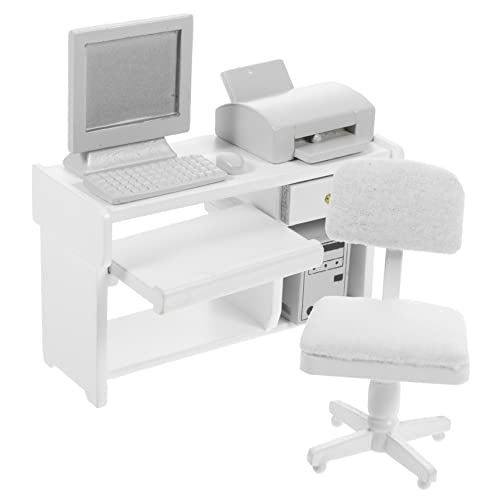 DIKACA Miniaturen für Handwerk Möbel Puppenhaus Miniaturmöbel Bürotisch und Stuhl Hausmöbel Computerspielzeug Simulation Desktop Computer mit Tastatur Drucker Modell für Puppenhaus von DIKACA