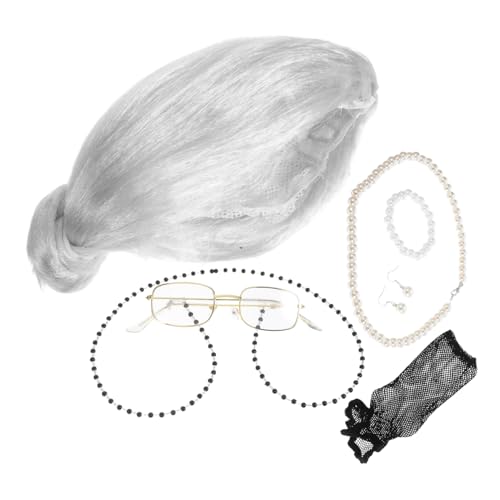 DIKACA Old Lady Kostüm für Damen Silbergrauer Perücke Brillenkette und Mütze Halloween Verkleidung für Rollenspiele Fasching und Gruppenkostüme von DIKACA