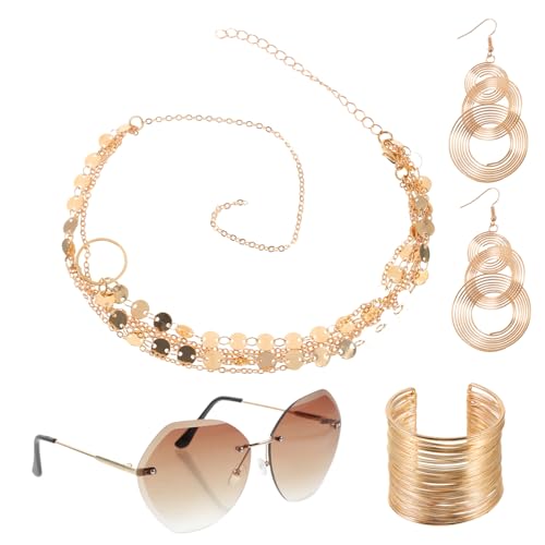 DIKACA Rimless Sonnenbrille Damen Jahre Vintage Stil mit Metall Drahtspiralarmband Geschichtete Halskette und Asymmetrische Ohrringe Modisches Teiliges Party für Disco und Themenpartys von DIKACA