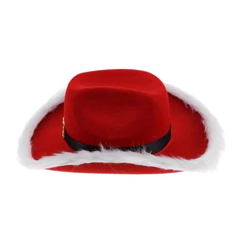 DIKACA Rotes Cowgirl Santa Hat mit Weißer Krempe und Festlichen Federn Strapazierfähiger Bequemer Nonwoven Stoff Weihnachtskostüm Westernhut für Party Cosplay und Festliche Anlässe von DIKACA