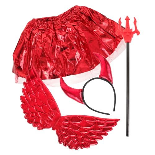 DIKACA Rotes Teufel Kostüm mit Hörner Stirnband Tüllrock Flügeln und Dreizack Langlebige Halloween Cosplay Accessoires für Party Karneval Fasching und Verkleidung von DIKACA