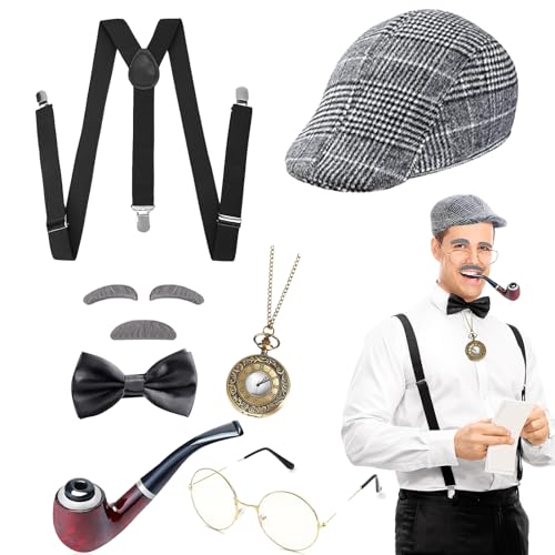 DIKARIYA 20er Jahre Opa Kostüm, Sherlock Holmes Detektiv Kostüm Zubehör mit Hut Elastischer Y-Rücken Hosenträger Fliege Bart Augenbrauen Brille Accessoires für Herren Maskerade Party (Design 3) von DIKARIYA