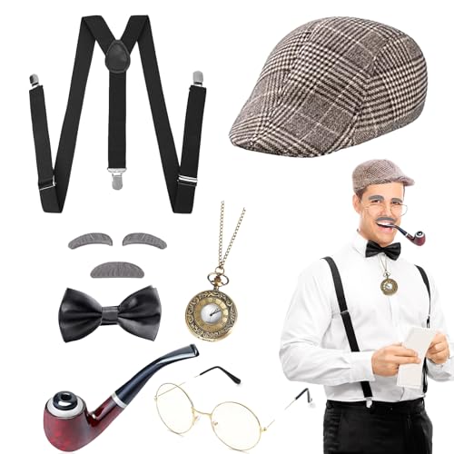 DIKARIYA 20er Jahre Opa Kostüm, Sherlock Holmes Detektiv Kostüm Zubehör mit Hut Elastischer Y-Rücken Hosenträger Fliege Bart Augenbrauen Brille Accessoires für Herren Maskerade Party (Design 4) von DIKARIYA