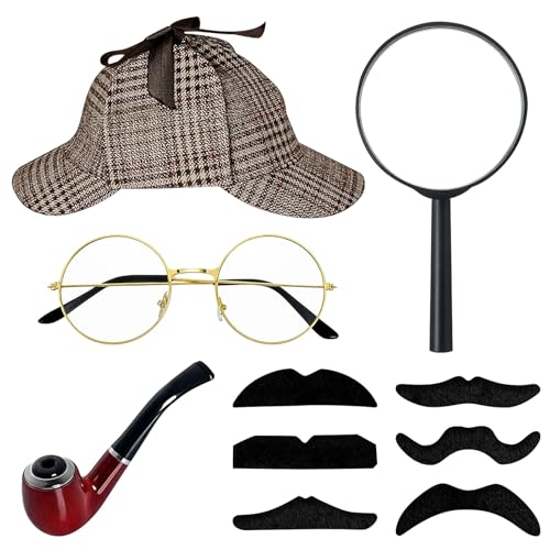 DIKARIYA Detektiv Kostüm Zubehör Set, 5er Sherlock Holmes Kostüm Accessoires mit Detektiv Hut Brille Falscher Schnurrbart Lupe Detektiv Requisiten für Halloween Fasching Karneval Herren Cosplay Party von DIKARIYA