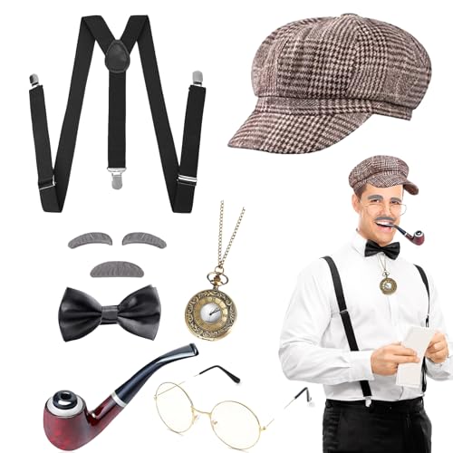DIKARIYA 20er Jahre Opa Kostüm, Sherlock Holmes Detektiv Zubehör Mit Hut, Elastischer Y-Rücken Hosenträger, Fliege, Bart, Augenbrauen, Brille - Accessoires für Herren Maskerade Party (Design 2) von DIKARIYA