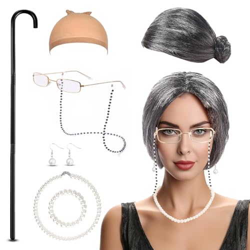 DIKARIYA Oma Perücke Set, 8er Old Lady Kostüm Großmutter Perücke Cosplay Zubehör Alte Dame Kappe Brille Ketten Perlenkette Spazierstock, Kostümzubehör für Frauen Fasching Maskerade Karneval Damen DIKARIYA Oma Perücke Set, 8er Old Lady Kostüm Großmutter Perücke Cosplay Zubehör Alte Dame Kappe Brille Ketten Perlenkette Spazierstock, Kostümzubehör für Frauen Fasching Maskerade Karneval Damen von DIKARIYA