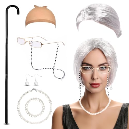 DIKARIYA Oma Perücke Set, 8er Old Lady Kostüm Großmutter Perücke Cosplay Zubehör Alte Dame Kappe Brille Ketten Perlenkette Spazierstock, Kostümzubehör für Frauen Fasching Maskerade Karneval Damen (B) DIKARIYA Oma Perücke Set, 8er Old Lady Kostüm Großmutter Perücke Cosplay Zubehör Alte Dame Kappe Brille Ketten Perlenkette Spazierstock, Kostümzubehör für Frauen Fasching Maskerade Karneval Damen (B) von DIKARIYA