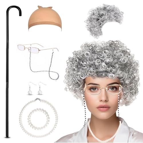 DIKARIYA Oma Perücke Set, 8er Old Lady Kostüm Großmutter Perücke Cosplay Zubehör Alte Dame Kappe Brille Ketten Perlenkette Spazierstock, Kostümzubehör für Frauen Fasching Maskerade Karneval Damen (C) DIKARIYA Oma Perücke Set, 8er Old Lady Kostüm Großmutter Perücke Cosplay Zubehör Alte Dame Kappe Brille Ketten Perlenkette Spazierstock, Kostümzubehör für Frauen Fasching Maskerade Karneval Damen (C) von DIKARIYA