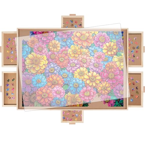 DIKASHI Drehbares Puzzlebrett mit 6 Schubladen, Lazy Susan und transparenter Abdeckung, 86,9 x 64 cm, tragbares Holz-Puzzlebrett für 1500 Teile, tolles Geschenk für Puzzle-Enthusiasten DIKASHI Drehbares Puzzlebrett mit 6 Schubladen, Lazy Susan und transparenter Abdeckung, 86,9 x 64 cm, tragbares Holz-Puzzlebrett für 1500 Teile, tolles Geschenk für Puzzle-Enthusiasten von DIKASHI