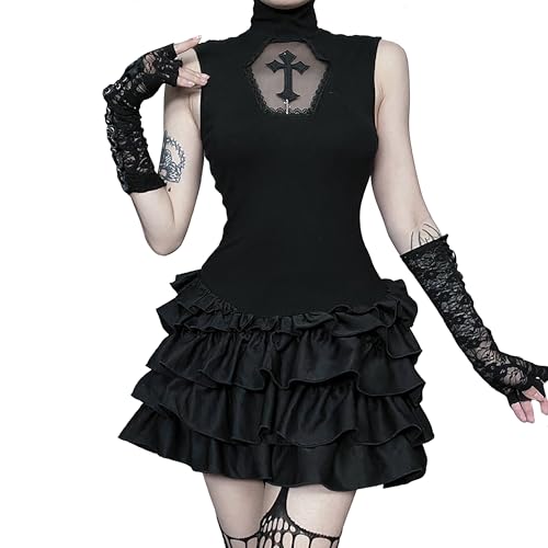 DINGJIUYAN Y2K Gothic-Kleid für Damen, durchscheinendes Kreuz, schwarze Rüschen, Minikleid, Steampunk, Haraku, ästhetisches Kostüm DINGJIUYAN Y2K Gothic-Kleid für Damen, durchscheinendes Kreuz, schwarze Rüschen, Minikleid, Steampunk, Haraku, ästhetisches Kostüm von DINGJIUYAN