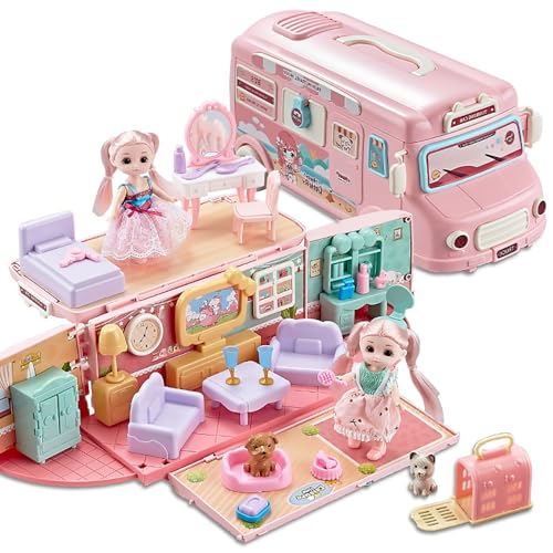 DINO SONO Rosa Puppenwohnwagen Spielzeug mit Wohnzimmer, Schlafzimmer, 2 Puppen & Hunden, Rollenspiel, Wohnmobil Spielset für Kinder ab 5 Jahren DINO SONO Rosa Puppenwohnwagen Spielzeug mit Wohnzimmer, Schlafzimmer, 2 Puppen & Hunden, Rollenspiel, Wohnmobil Spielset für Kinder ab 5 Jahren von DINO SONO