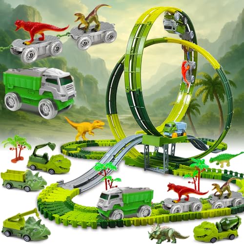 Dinosaurier Autorennbahn Abenteuer Schienen Set mit Loopings, Dino Anhängern und Dino Konstruktionsfahrzeuge für Kinder ab 3 Jahren von DINO SONO