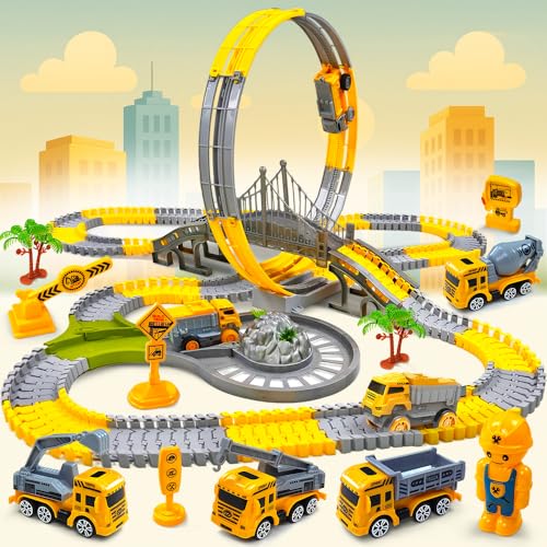 Autorennbahn Baustellen-Rennbahn mit Looping & Konstruktionswagen – Kreativer Spielspaß für kleine Baumeister Spielzeug für Kinder ab 3 Jahren von DINO SONO