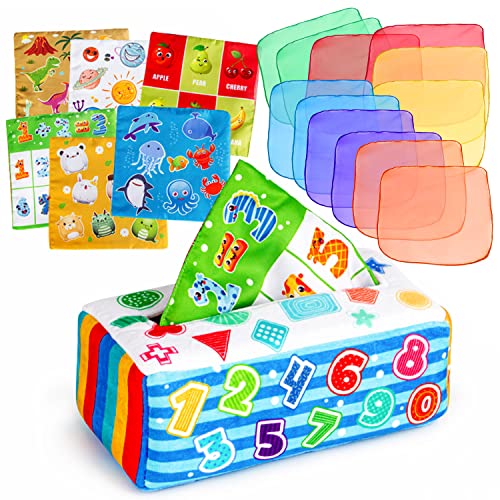 DINORUN Baby Spielzeug 6 Monate, Montessori Spielzeug Tissue Box Sensorik Spielzeug, enthalten Leuchtend Bunt Knistertuch Neugeborenen Baby Geschenk 6 7 8 9 10 Monate von DINORUN