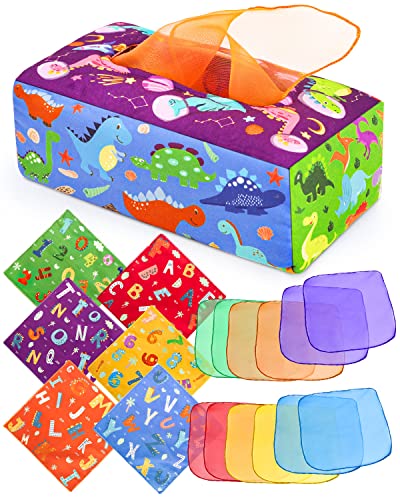 DINORUN Babyspielzeug Montessori Spielzeug, Sensorik Baby Dinosaurier Tissue Box, enthalten Farbiges Tuch Sensorisches ab 6 7 8 9 10 Monate Mädchen Junge von DINORUN
