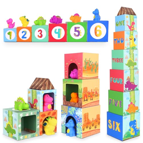 DINORUN Montessori Spielzeug ab 1 2 3 Jahre, Motorikspielzeug Stapelwürfel und Stapelturm enthält Dinosaurier Spielzeug Badespielzeug Geschenk Mädchen Junge 1 2 3 Jahre von DINORUN